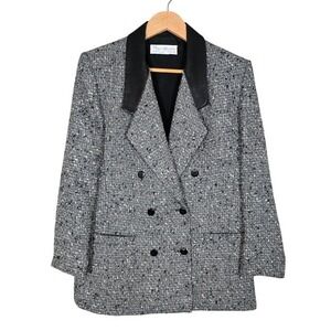 Ms. Jennifer Petite Women Vintage 100% Wool Tweed Leather Collar Blazer Grey 8P